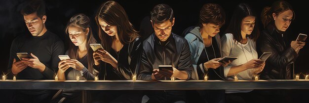 una imagen de primer plano de grupos de personas jugando con teléfonos inteligentes al estilo dorado oscuro