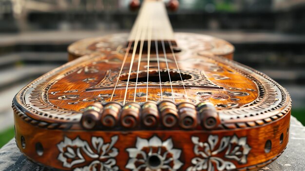 Foto una imagen en primer plano de una guitarra de madera tradicional con tallas y decoraciones intrincadas