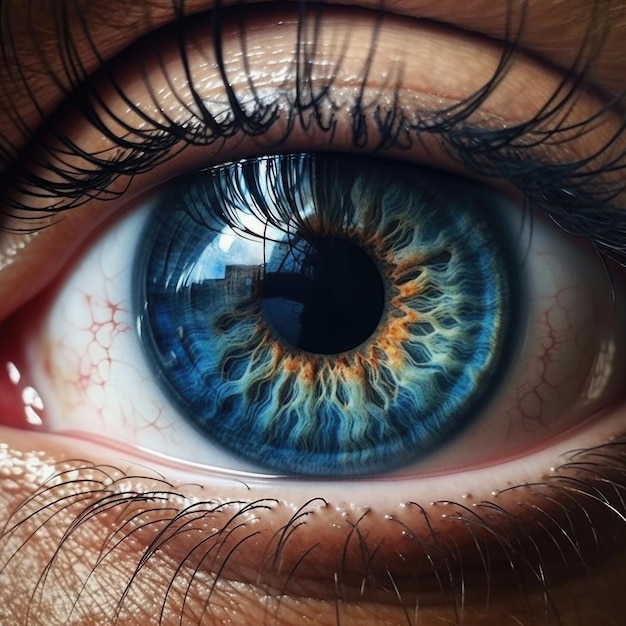 Imagen en primer plano de los hipnotizantes ojos azules y pestañas