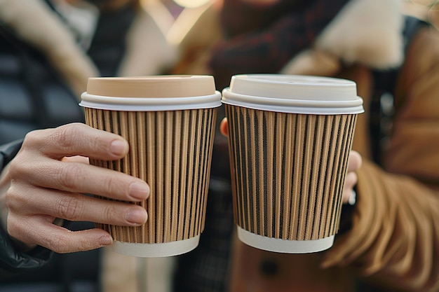 Imagen en primer plano de un hombre y una mujer sosteniendo dos tazas de café juntas