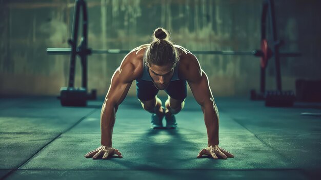 Imagen de primer plano de un hombre musculoso haciendo flexiones