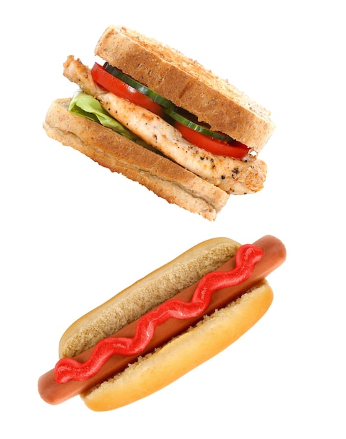 Imagen de primer plano de un hot dog y un sándwich aislado sobre fondo blanco.