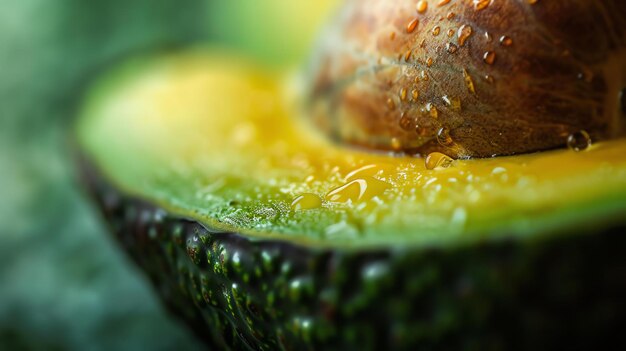 Una imagen en primer plano de un hoyo de aguacate con gotas de agua en él El hoyo es marrón y arrugado y las gotas de aguas son claras y brillantes