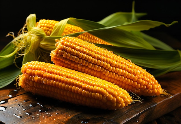 una imagen de primer plano de maíz en una superficie de madera oscura