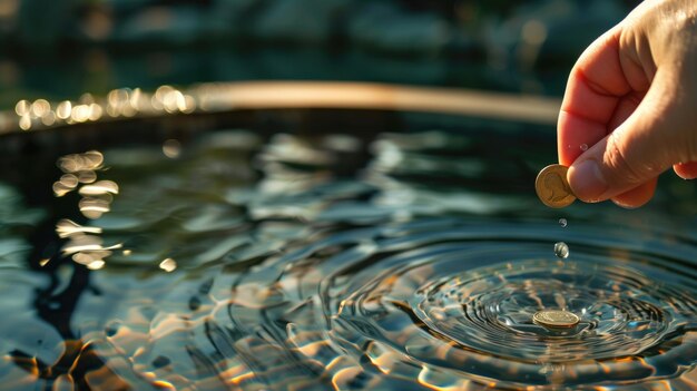 Imagen en primer plano de la mano dejando caer una moneda en el agua creando ondas