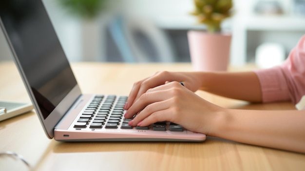 Imagen en primer plano de las manos de una mujer de negocios trabajando y escribiendo en el teclado de la computadora portátil en la mesa Creada con tecnología de IA generativa