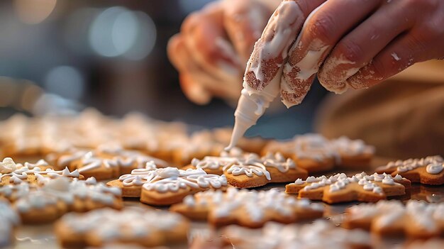 Una imagen en primer plano de las manos de una persona congelando galletas de pan de jengibre con glaseado blanco Las galletas tienen la forma de estrellas y copos de nieve