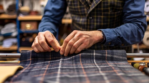 Foto una imagen en primer plano de las manos de un sastre trabajando en una pieza de tela el sastre lleva una camisa azul y la tela es un cuadrado azul y gris