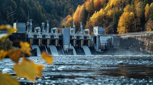 Una imagen en primer plano de una moderna central hidroeléctrica compacta que destaca la compacidad y la eficiencia
