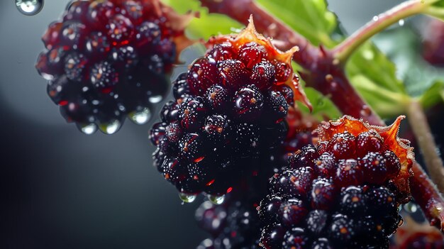 Foto una imagen en primer plano de un montón de moras maduras las moras son de color púrpura profundo y están cubiertas de pequeños puntos blancos