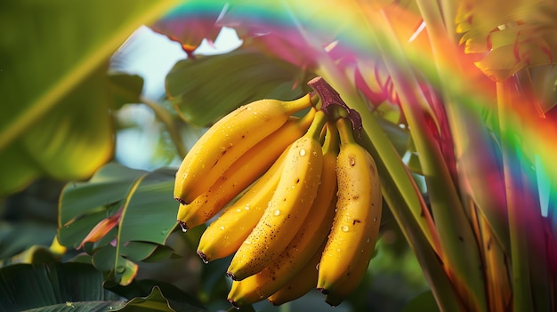 Foto una imagen en primer plano de un montón de plátanos maduros colgando de un árbol los plátanos son amarillos y tienen manchas marrones