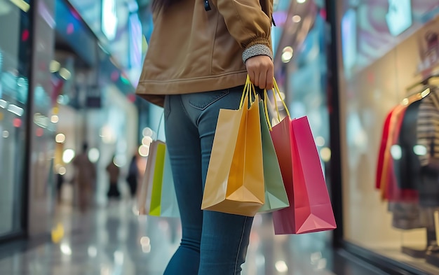 Imagen en primer plano de una mujer con una bolsa de compras caminando en un centro comercial Concepto de adicción a las compras