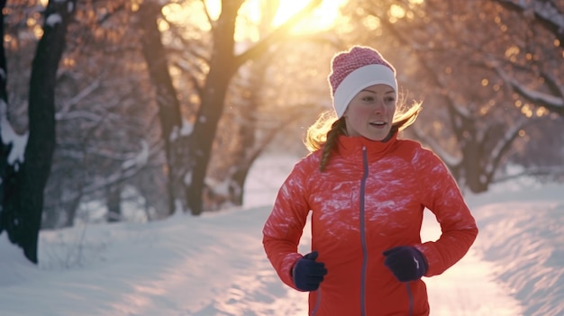 Foto imagen de primer plano de una mujer corriendo en un día de invierno