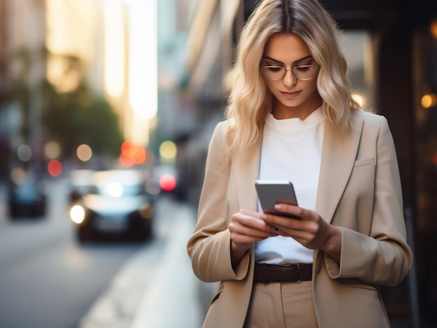 Imagen en primer plano de una mujer de negocios viendo un dispositivo de teléfono móvil inteligente al aire libre Mujer de negocios en red escribiendo un mensaje SMS en una calle de la ciudad