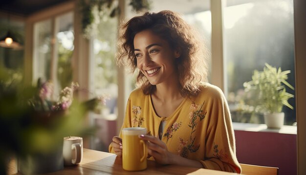 Una imagen en primer plano de una mujer realista sentada en una mesa de desayuno en una habitación de jardín brillante buscando un