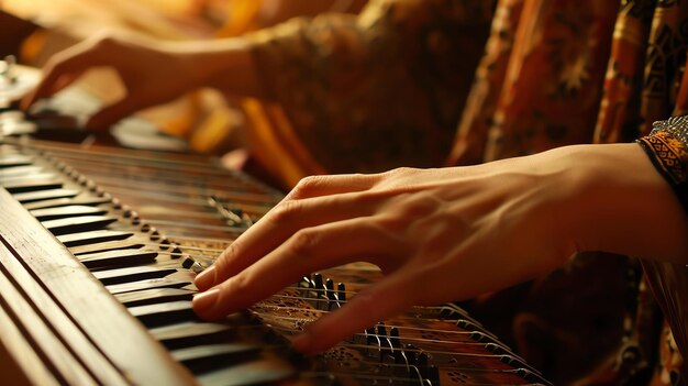 Foto imagen en primer plano de una mujer tocando un instrumento de cuerda tradicional de oriente medio