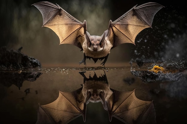 Una imagen de primer plano de un murciélago en estado salvaje volando sobre el río de agua y la reflexión