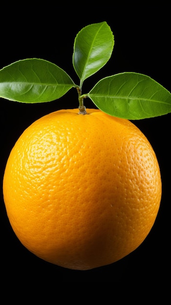 Una imagen en primer plano de una naranja con hojas verdes sobre un fondo negro