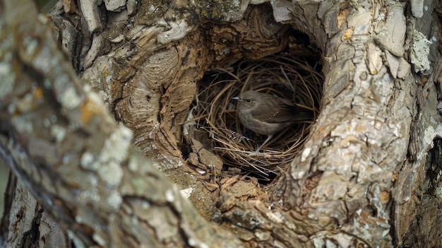 Una imagen en primer plano de un pájaro anidado en un árbol grande, sin embargo, tras un examen más detallado, el árbol es