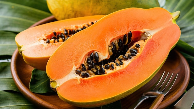 Imagen de primer plano de una papaya madura cortada en dos