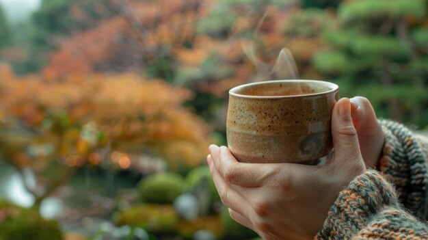 Foto la imagen en primer plano de la persona que sostiene una taza de café caliente en el jardín aig