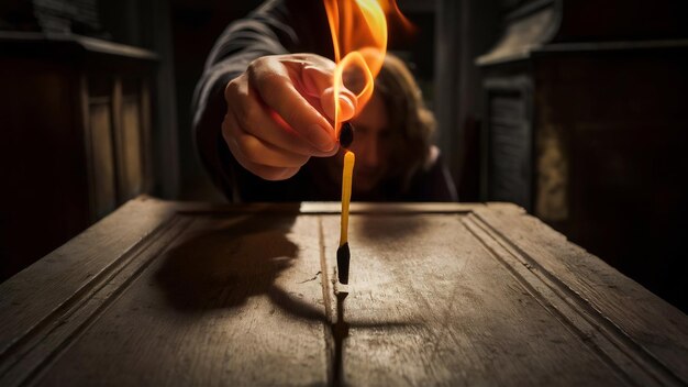 Foto imagen de primer plano de una persona sosteniendo un fósforo en llamas sobre una superficie de madera
