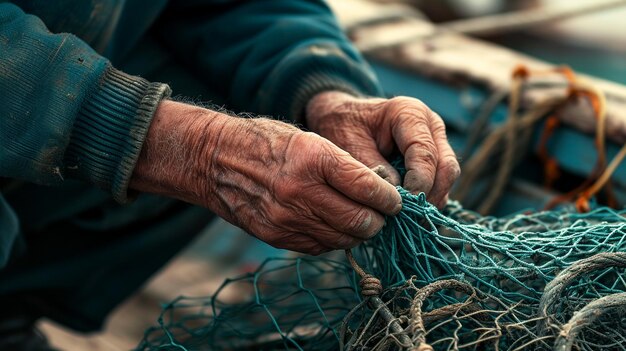 Imagen en primer plano de un pescador con las manos hábilmente reparando redes de pesca en un muelle rústico