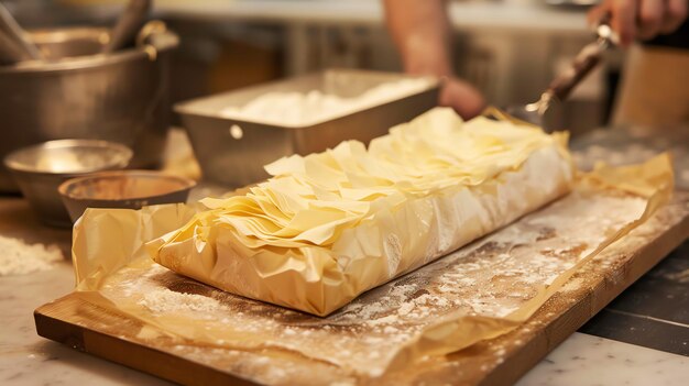 Foto una imagen en primer plano de una pila de masa de phyllo en una tabla de corte de madera