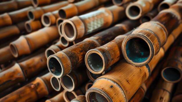 Foto una imagen en primer plano de una pila de palos de bambú las palas de bambú son de diferentes longitudes y diámetros y todas están unidas con una cuerda