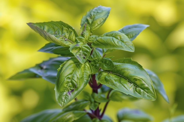 Una imagen en primer plano de una planta de albahaca verde con hojas dentadas y un fondo borroso