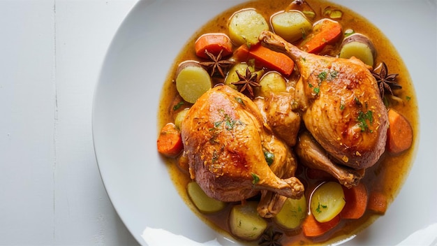 imagen en primer plano de un plato de opor ayam perfectamente cocinado en un fondo blanco prístino