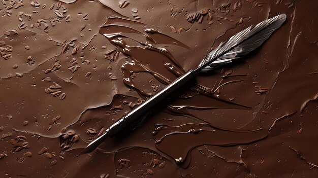 Una imagen en primer plano de una pluma de pluma que descansa sobre un rico fondo de chocolate oscuro La pluma está hecha de metal negro y plateado con un extremo de plumas