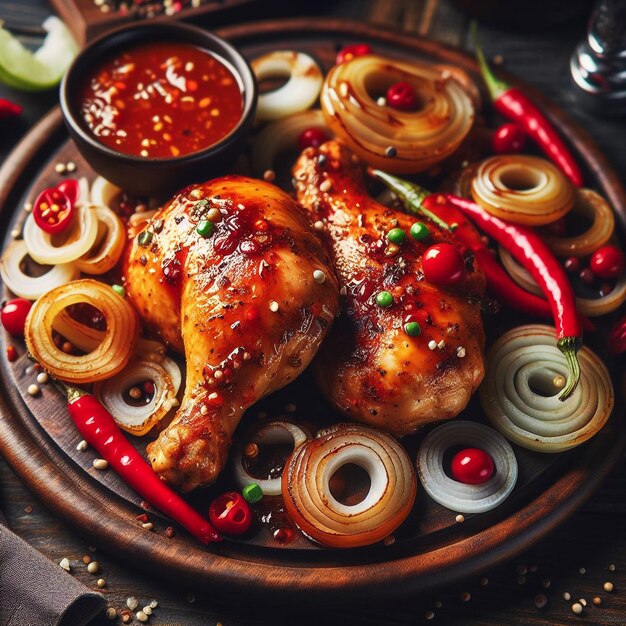 Imagen de primer plano de pollo deliciosamente preparado servido con cebollas y salsa de chile