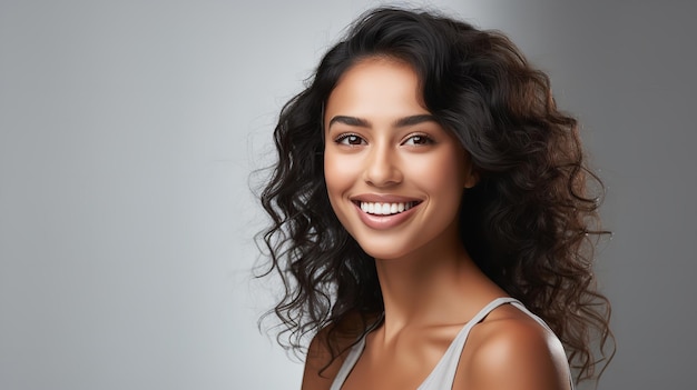 Una imagen de primer plano que muestra a una impresionante joven belleza india sonriendo y con los dientes limpios AI generativa