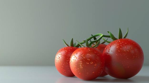 Una imagen en primer plano de un racimo de tomates maduros en una superficie sólida Los tomates son redondos y tienen tallos verdes