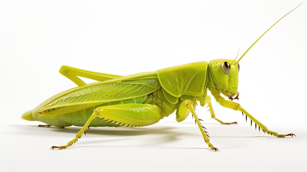 Imagen en primer plano de un saltamontes sobre un fondo blanco