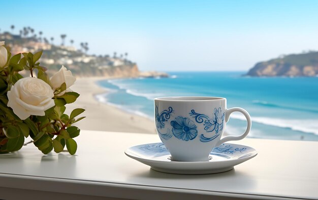 Foto imagen de primer plano de una taza de café en una mesa cerca de una ventana con vistas al mar