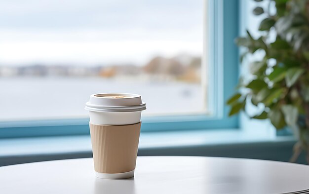 imagen de primer plano de una taza de café en una mesa cerca de una ventana con vistas al mar