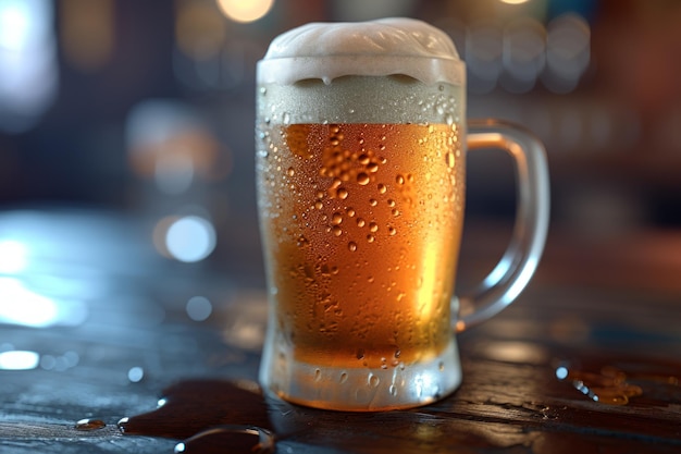 Una imagen en primer plano de una taza de cerveza en una mesa de madera con gotas de agua