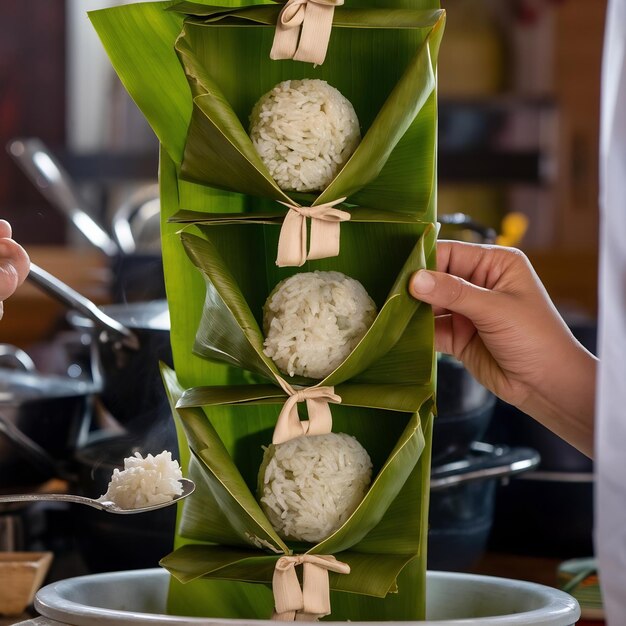 Foto imagen de primer plano vertical de la preparación de albóndigas de arroz con hojas de plátano