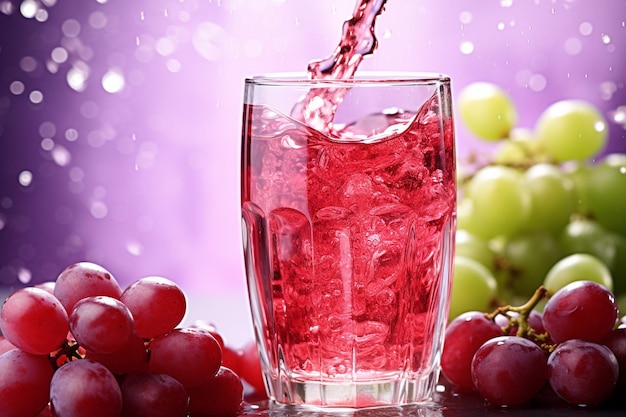 Imagen de primer plano de vertido de jugo de uva en un vaso con efecto de salpicaduras
