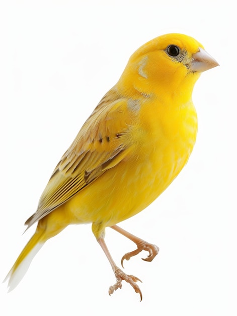 Imagen en primer plano de un vibrante canario amarillo posado con gracia en una rama aislada sobre un fondo blanco que muestra sus delicadas plumas y su comportamiento pacífico