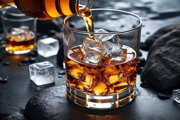 Imagen de primer plano de whisky y hielo en las rocas IA generativa