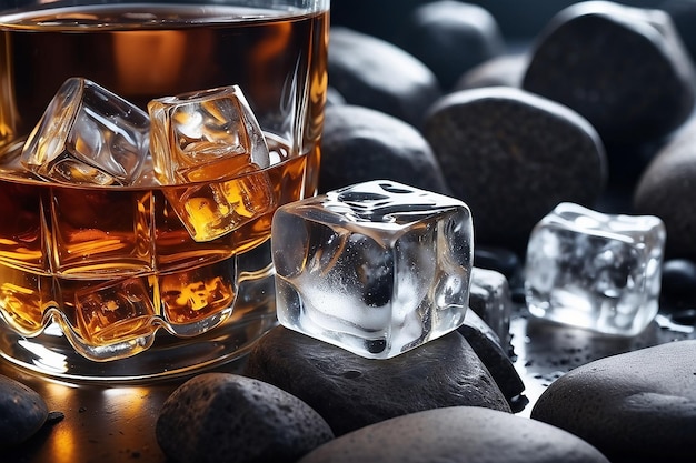 Imagen de primer plano de whisky y hielo en las rocas IA generativa