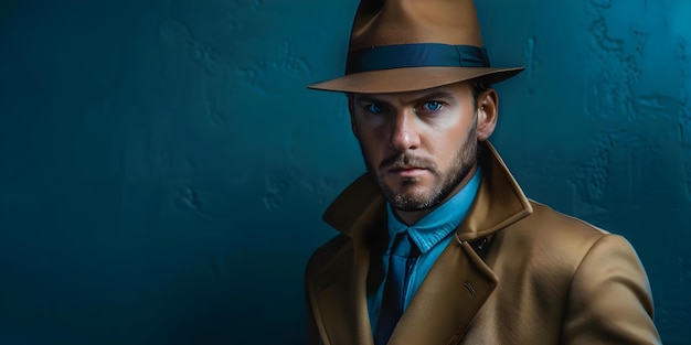 Imagen promocional de un detective masculino con sombrero Fedora y abrigo de trinch Concept Detective Fedora Sombrero Trenchcoat Modelo promocional masculino