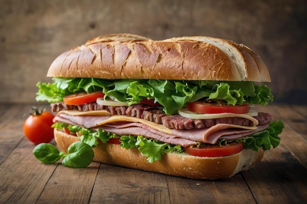Imagen publicitaria de un sándwich delicioso enorme con carne en una mesa de madera hamburguesa salobre multicapa