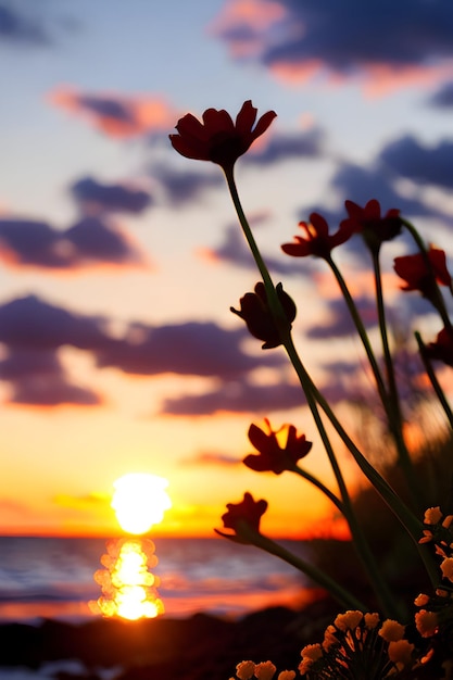 Imagen de la puesta de sol con flores en primer plano