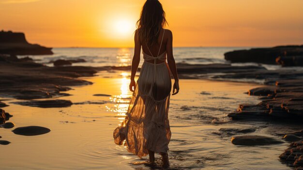 Una imagen de una puesta de sol en la playa del océano de una mujer de pie con un vestido delgado blanco con lo negro