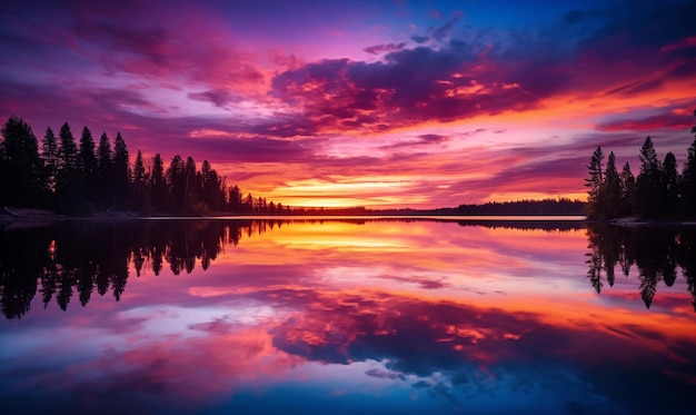 Una imagen de una puesta de sol vibrante sobre un lago sereno con reflejos coloridos brillando en el agua