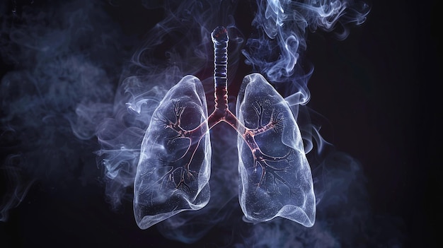 Una imagen de pulmones humanos en un fondo oscuro con humo a su alrededor